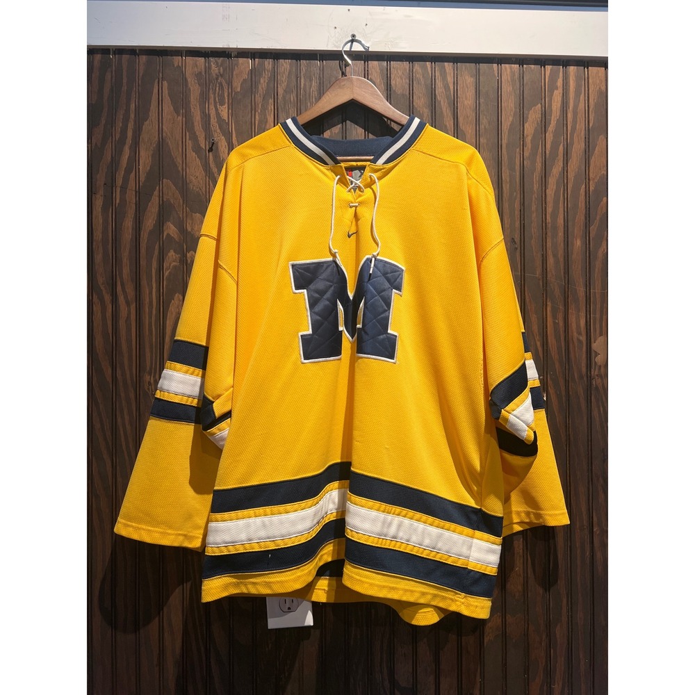 Vintage Nike Michigan Wolverines Hockey Jersey Yellow Blue Lace Up Mens XL 27x33